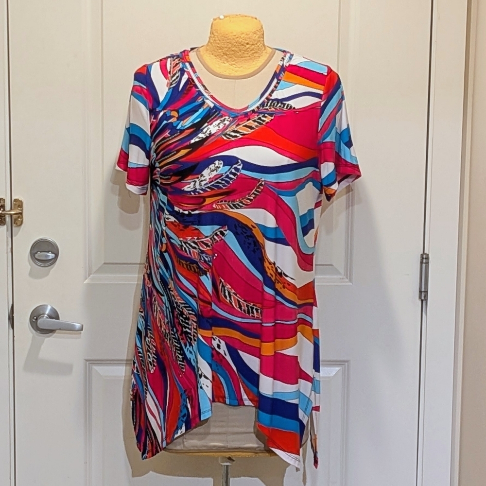 EUC Premise Woman 1X Bright Pink Blue and Orange Abstract Pattern Tunic